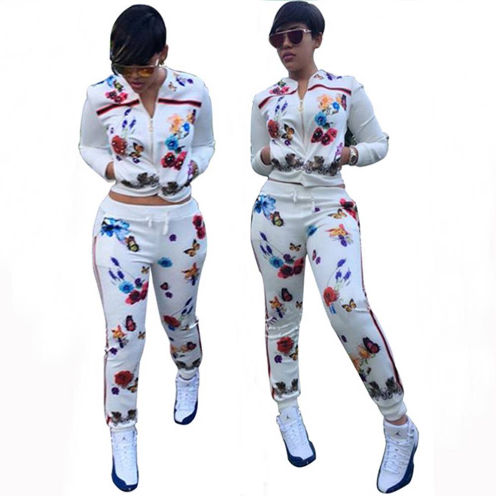 Rose color Butterfly Print sportswear Leisure movement Two pieces trousers+tops