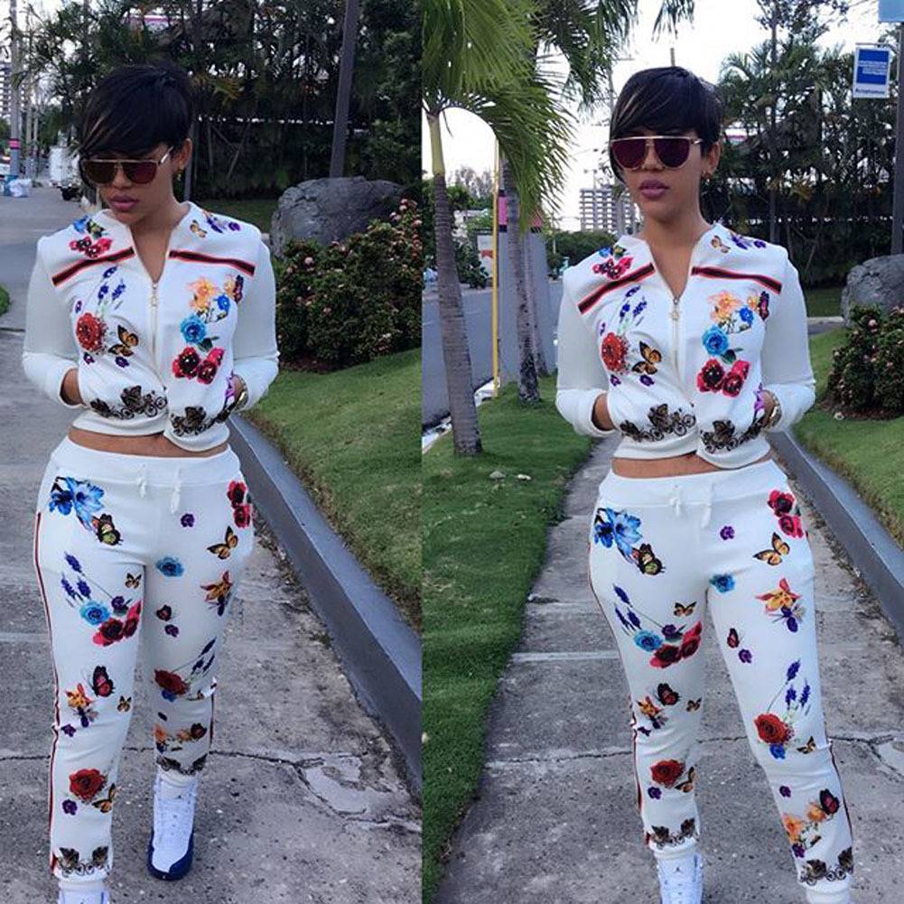Rose color Butterfly Print sportswear Leisure movement Two pieces trousers+tops