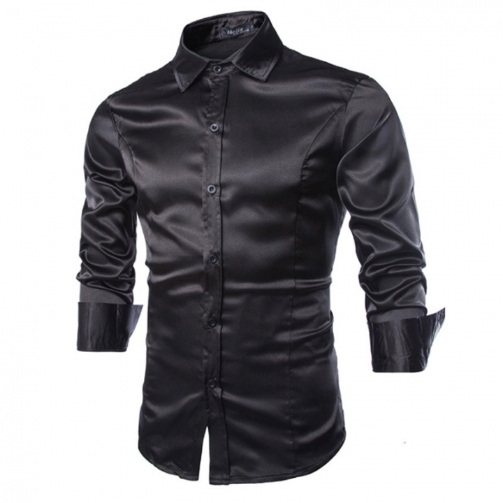 shirt Silk Shiny Leisure male Solid color Self-cultivation Long sleeves shirt