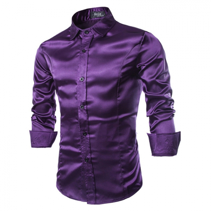 shirt Silk Shiny Leisure male Solid color Self-cultivation Long sleeves shirt