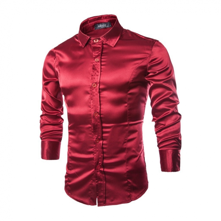 shirt Silk Shiny Leisure male Solid color Self-cultivation Long sleeves shirt