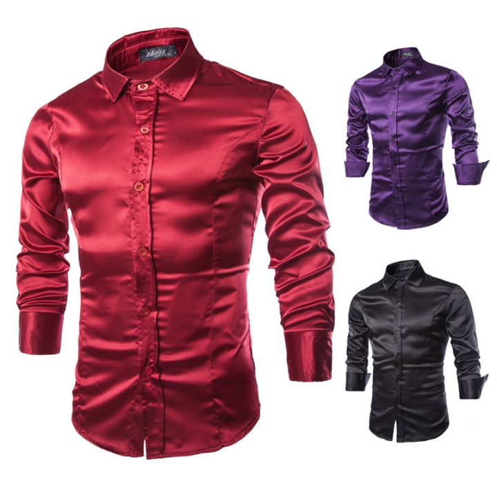 shirt Silk Shiny Leisure male Solid color Self-cultivation Long sleeves shirt