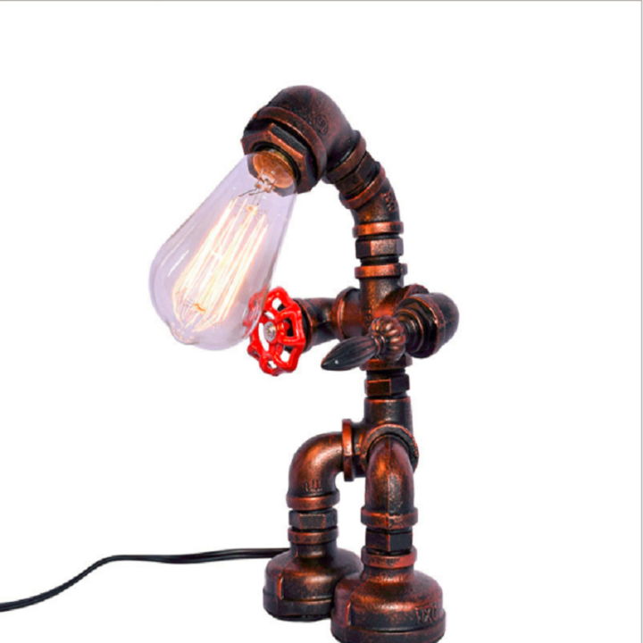 Vintage Industrial Robot Light Water Pipe Steampunk Man Table Desk Lamp Bedroom