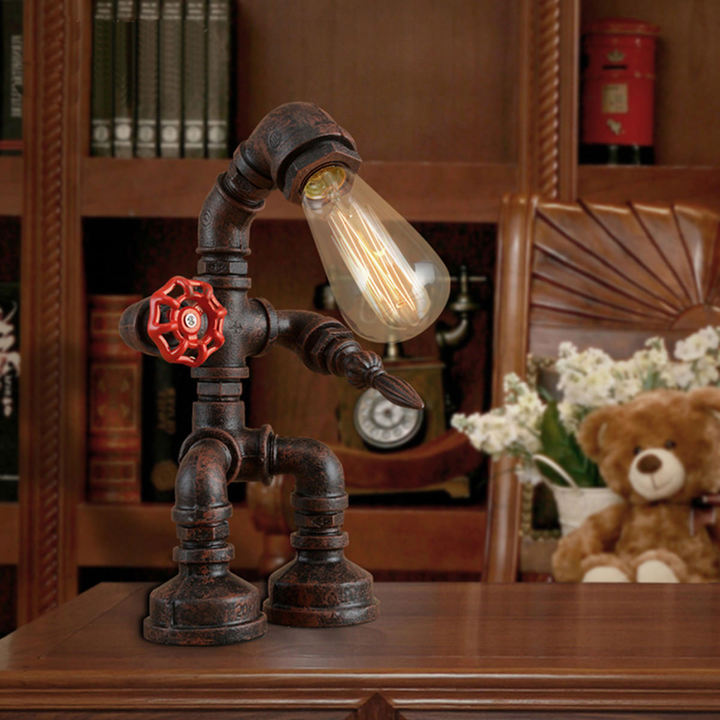 Vintage Industrial Robot Light Water Pipe Steampunk Man Table Desk Lamp Bedroom