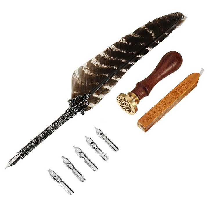 Antique Feather Fountain Quill Dip Pen Writing Set Rare Stationery Gift With Box