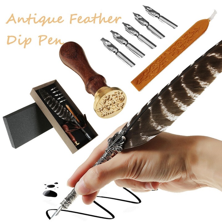 Antique Feather Fountain Quill Dip Pen Writing Set Rare Stationery Gift With Box