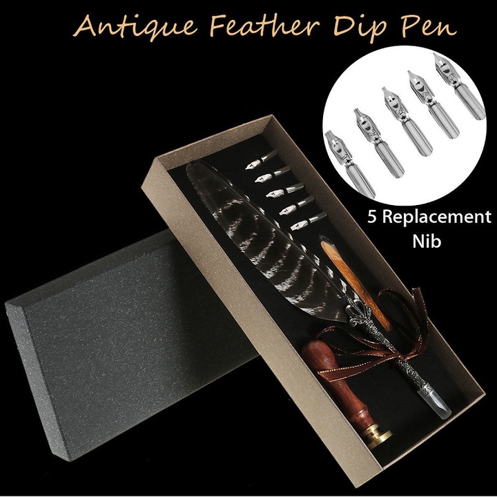 Antique Feather Fountain Quill Dip Pen Writing Set Rare Stationery Gift With Box
