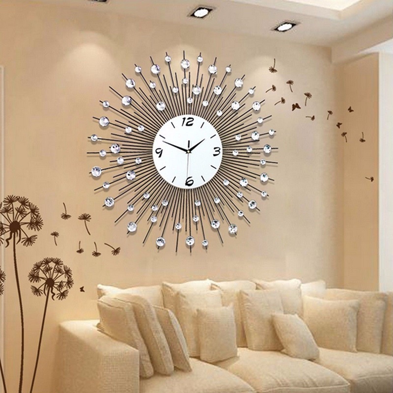 60x60cm Modern Luxury Large Art Round Diamond Wall Clock Home Living Room Decor