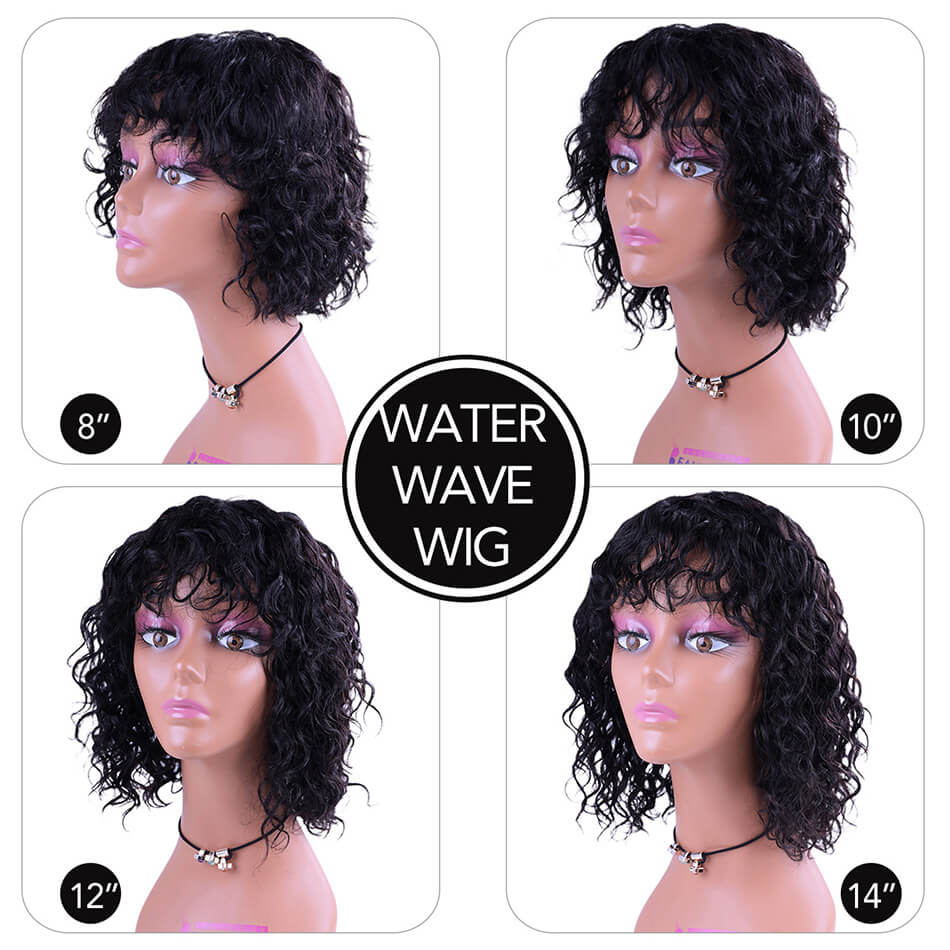 Brazilian Water Wave Short BoB Wigs Human Hair Wig with Bangs None Lace Machine Made Wig Black Color