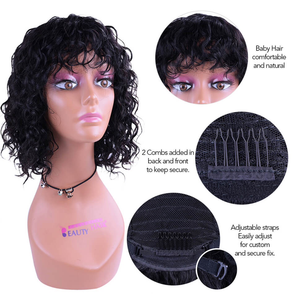 Brazilian Water Wave Short BoB Wigs Human Hair Wig with Bangs None Lace Machine Made Wig Black Color