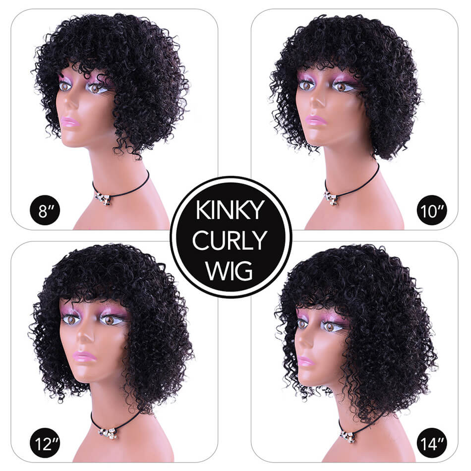 BHF Short Curly Bobo Wigs With Bangs 100% Brazilian Human Hair Wig 8''-14'' No-Lace Wig Black Color