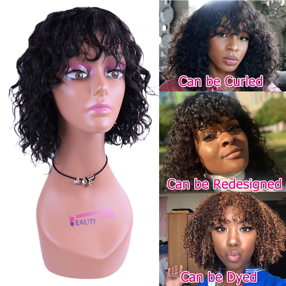 BHF Short Curly Bobo Wigs With Bangs 100% Brazilian Human Hair Wig 8''-14'' No-Lace Wig Black Color