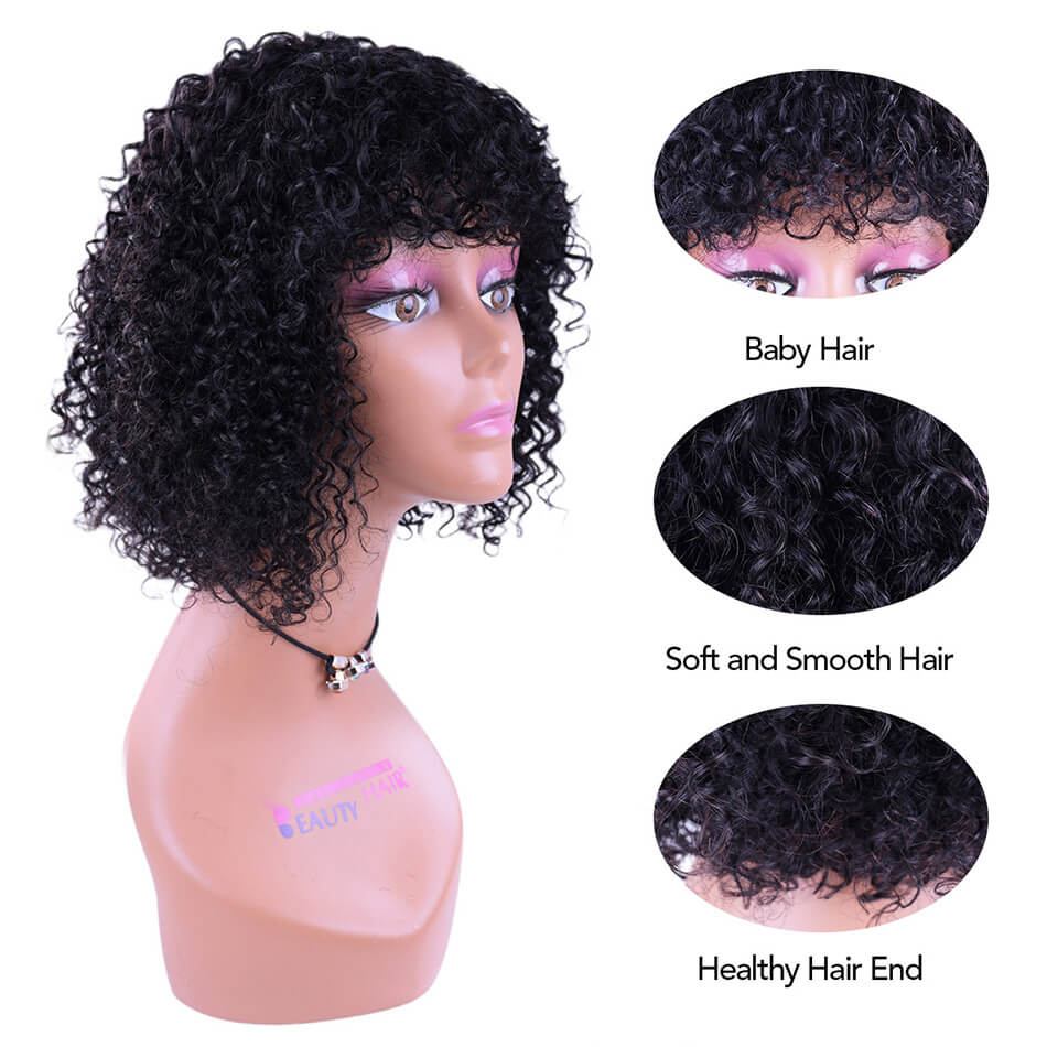 BHF Short Curly Bobo Wigs With Bangs 100% Brazilian Human Hair Wig 8''-14'' No-Lace Wig Black Color