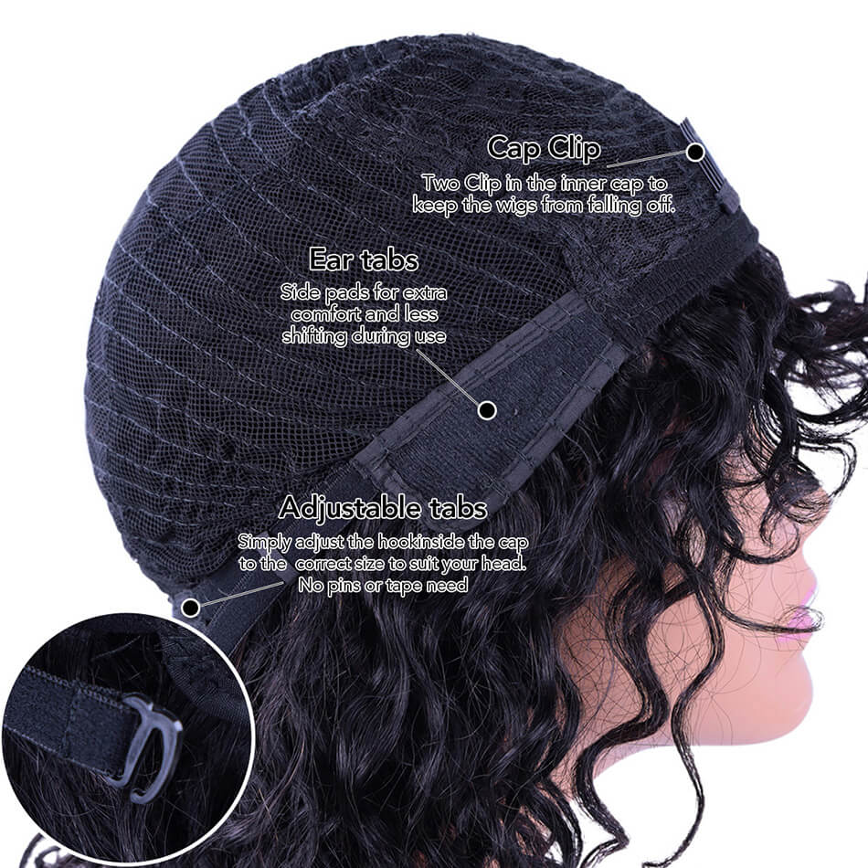 BHF Short Curly Bobo Wigs With Bangs 100% Brazilian Human Hair Wig 8''-14'' No-Lace Wig Black Color