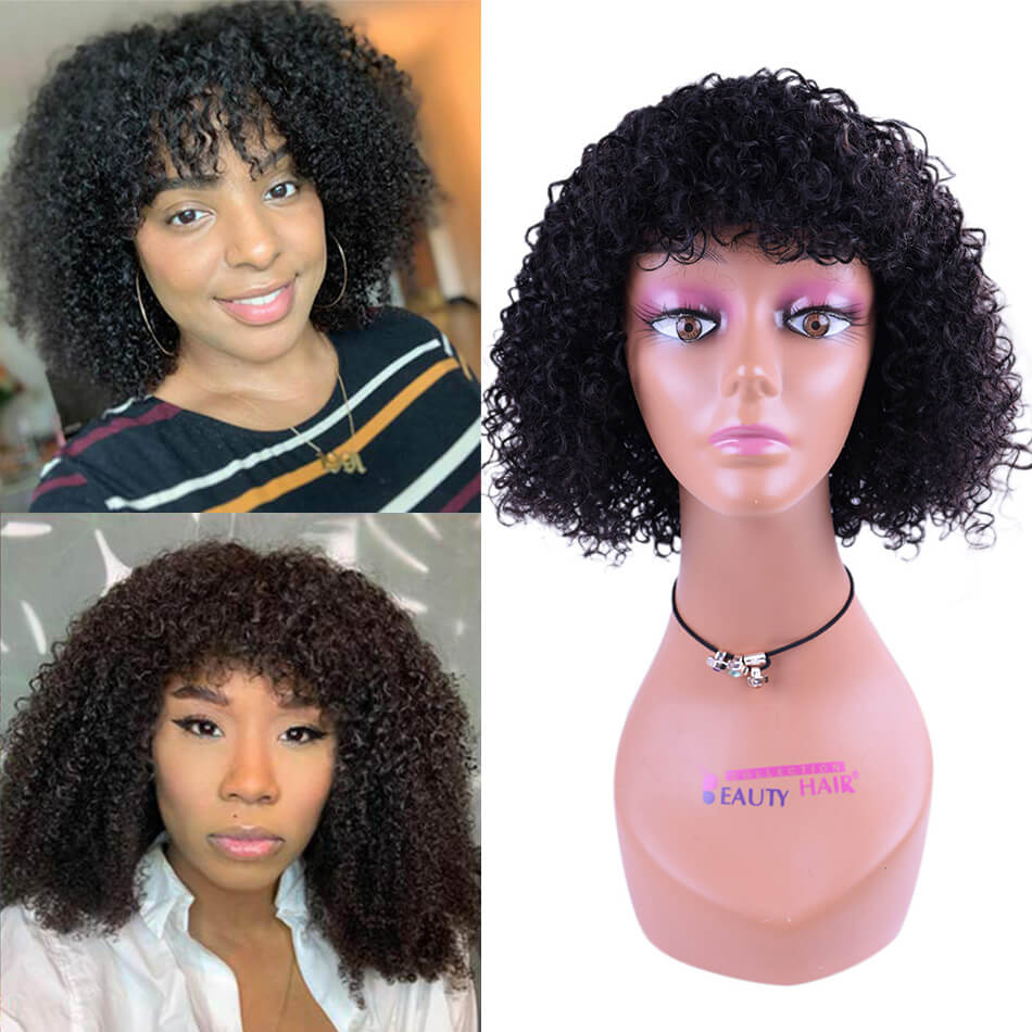 BHF Short Curly Bobo Wigs With Bangs 100% Brazilian Human Hair Wig 8''-14'' No-Lace Wig Black Color