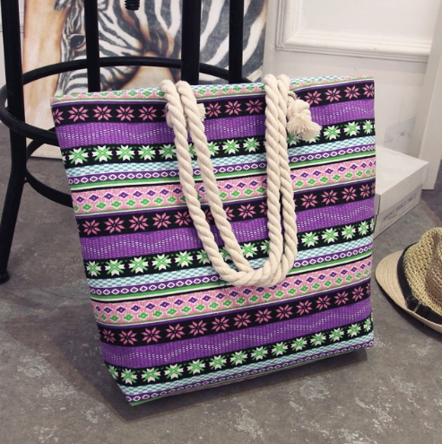 Women Canvas striped Shoulder Beach Bag Female Casual Tote Shopping Big Bag floral Messenger Bags