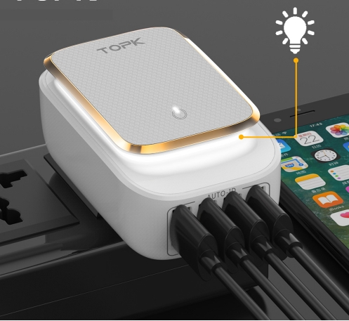 Power 4-Port 4.4A(Max) 22W EU USB Charger Adapter LED Lamp Auto-ID Portable Phone Charger