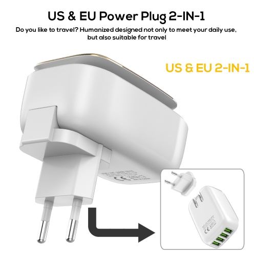 Power 4-Port 4.4A(Max) 22W EU USB Charger Adapter LED Lamp Auto-ID Portable Phone Charger
