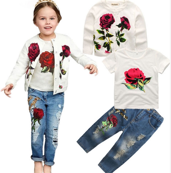 Newest Girls Clothes Suit Jacket +T shirt + Jeans 3 Pcs Set Fashion Rose Cardigan Tops Kids Coat