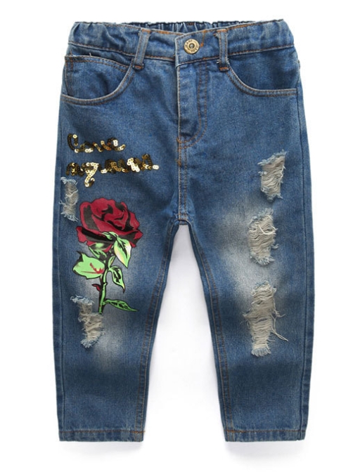 Newest Girls Clothes Suit Jacket +T shirt + Jeans 3 Pcs Set Fashion Rose Cardigan Tops Kids Coat