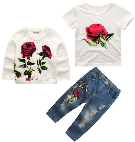 Newest Girls Clothes Suit Jacket +T shirt + Jeans 3 Pcs Set Fashion Rose Cardigan Tops Kids Coat