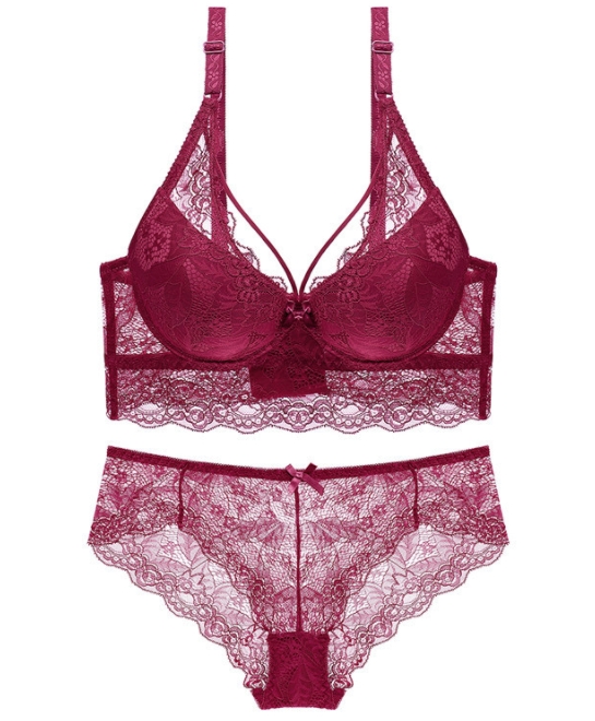 Women C Sexy Bra Set Lace Hollow Out Panty Underwear Set Red Black Beige Transparent Bra