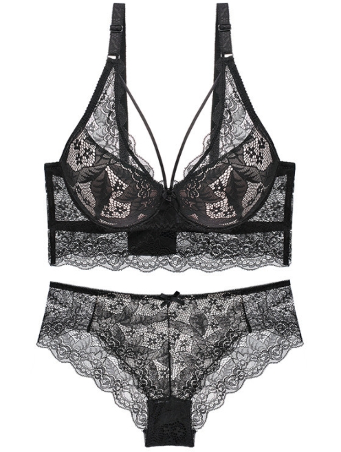 Women C Sexy Bra Set Lace Hollow Out Panty Underwear Set Red Black Beige Transparent Bra