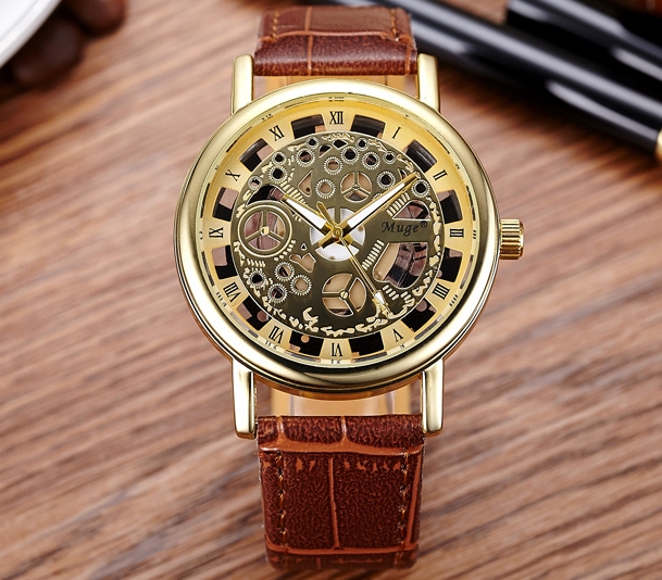 Luxury Fashion Casual Leather Men Skeleton Watch Women Dress Wristwatch Steel Quartz Hollow Watches