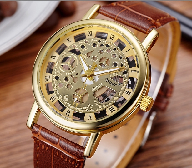 Luxury Fashion Casual Leather Men Skeleton Watch Women Dress Wristwatch Steel Quartz Hollow Watches