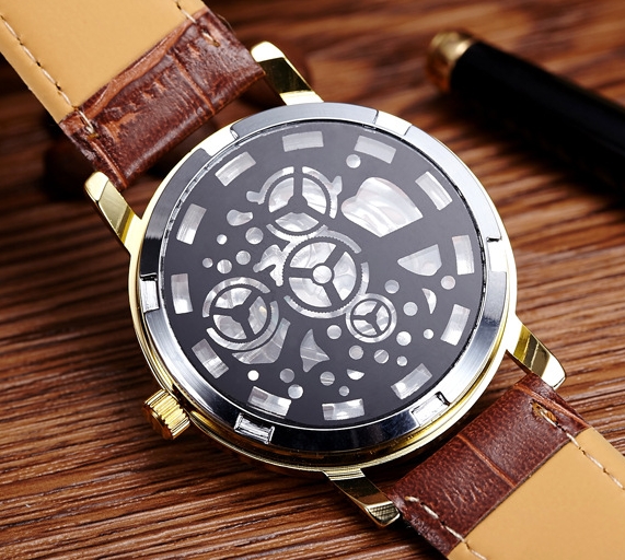 Luxury Fashion Casual Leather Men Skeleton Watch Women Dress Wristwatch Steel Quartz Hollow Watches