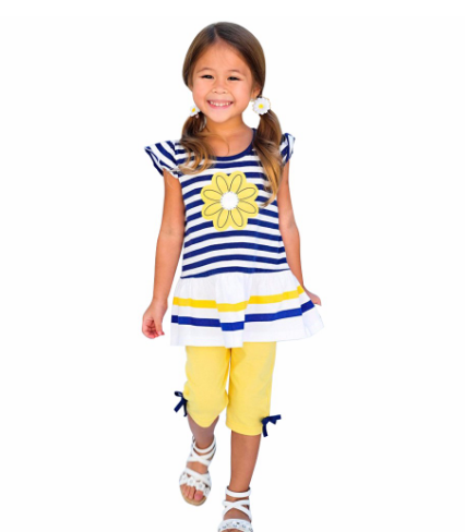 Kids Girls Daisy Flower Stripe Shirt Top Bow Pant Set Clothing costume for boy tracksuit