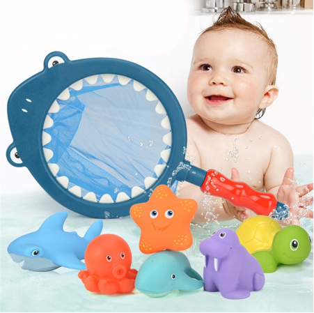 7PCS Fishing Toys Network Bag Pick Up Kids Toy Swimming Paly Water Bath Doll Water Spray Bath Toys