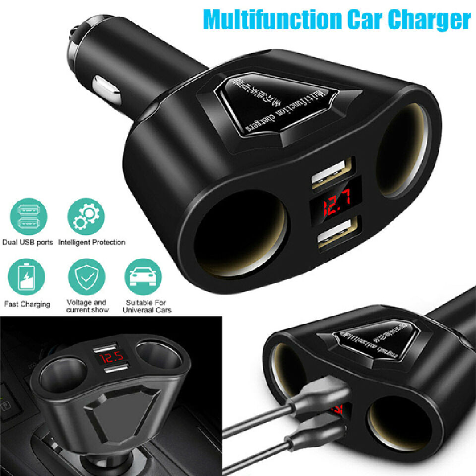 Automobile LCD Cigarette Lighter Socket Splitter Dual USB Charger Power Adapter DC 12V