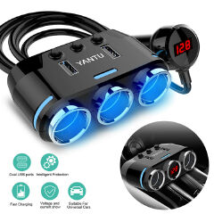 12V 3-channel automobile cigarette lighter socket splitter dual USB charger power adapter-