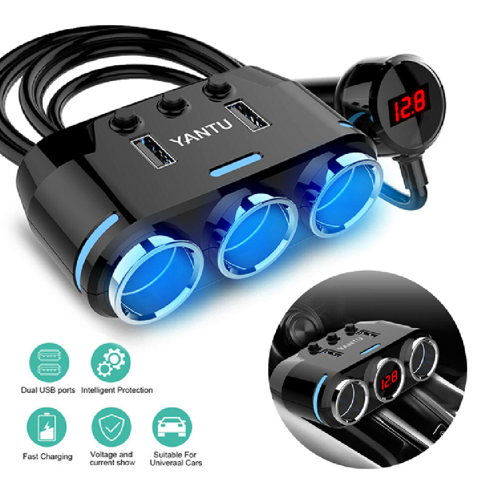 12V 3-channel automobile cigarette lighter socket splitter dual USB charger power adapter-