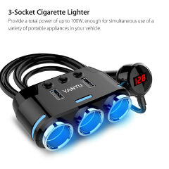 12V 3-channel automobile cigarette lighter socket splitter dual USB charger power adapter-