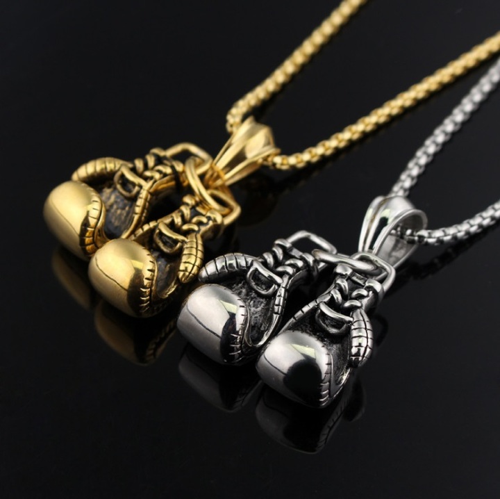 Men Necklace Gold Color Stainless Steel Hip Hop Chain Pair Boxing Glove Pendant Charm Fashion