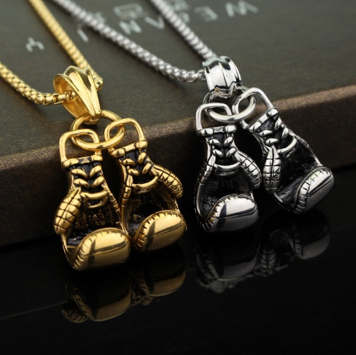 Men Necklace Gold Color Stainless Steel Hip Hop Chain Pair Boxing Glove Pendant Charm Fashion