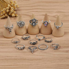14 Pcs/Set Fashion Drops Flowers Sunflower Moon Sun Fourteen Rings Hollow Engraved Diamond Ring Set