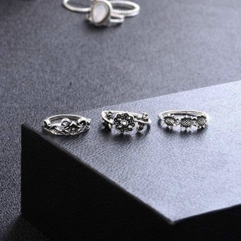 14 Pcs/Set Fashion Drops Flowers Sunflower Moon Sun Fourteen Rings Hollow Engraved Diamond Ring Set