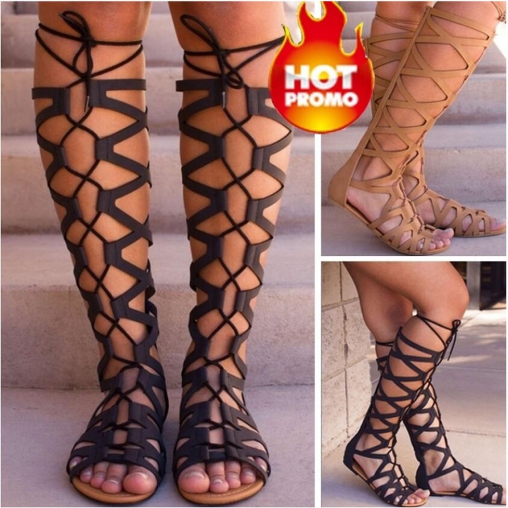 Women's Sexy Hollow Out Sandals Flat Heel High Boots Open Toe Gladiator Summer Fashion Dress Sandals
