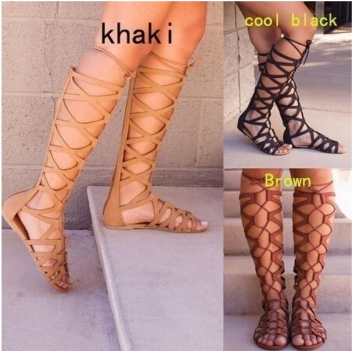 Women's Sexy Hollow Out Sandals Flat Heel High Boots Open Toe Gladiator Summer Fashion Dress Sandals