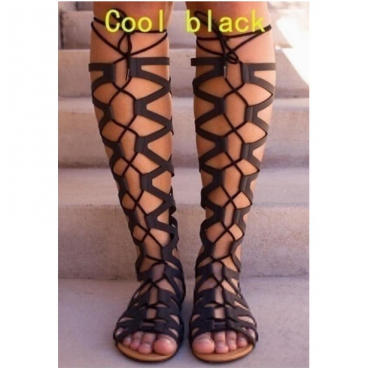 Women's Sexy Hollow Out Sandals Flat Heel High Boots Open Toe Gladiator Summer Fashion Dress Sandals