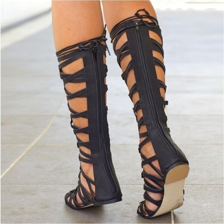 Women's Sexy Hollow Out Sandals Flat Heel High Boots Open Toe Gladiator Summer Fashion Dress Sandals