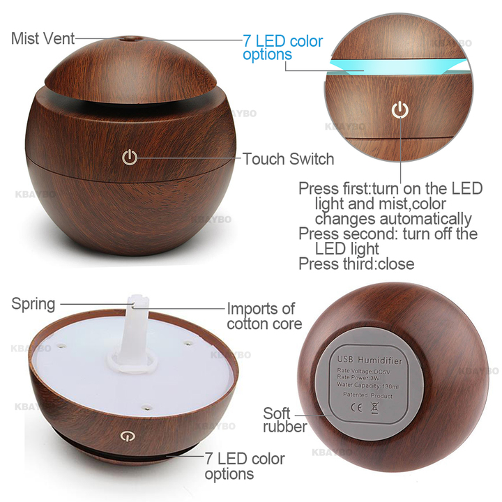 USB Aroma Essential Oil Diffuser Ultrasonic Cool Mist Humidifier Air Purifier 7Color LED Night light