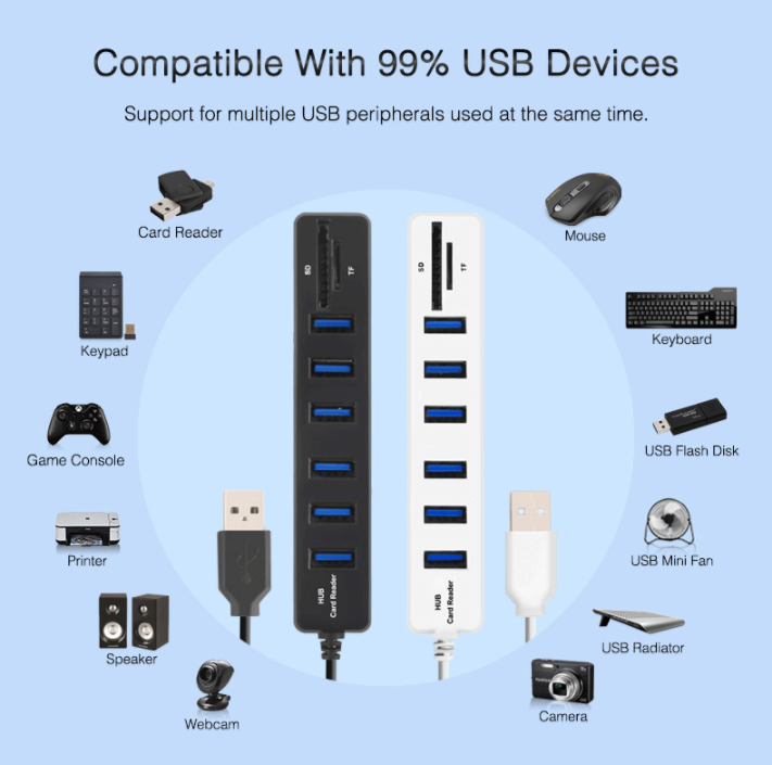 2.0 Hub 6 Ports USB Splitter Hub 2.0 High Speed Multi USB Combo SD/TF Card Reader Hub For Laptop PC