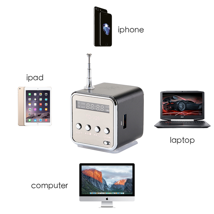 TD-V26 Mini Speaker Portable MP3 Music Player  LCD Support FM Radio Micro TF SD Stereo Loudspeaker