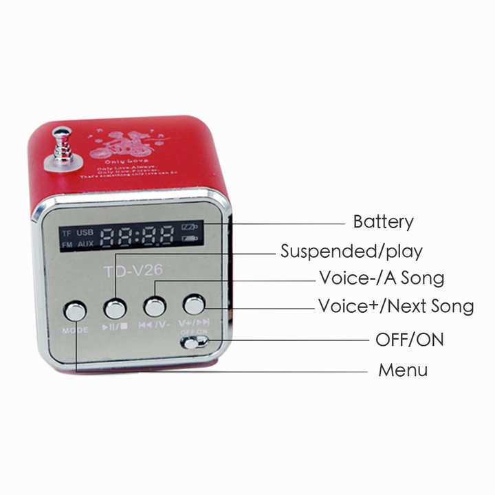 TD-V26 Mini Speaker Portable MP3 Music Player  LCD Support FM Radio Micro TF SD Stereo Loudspeaker