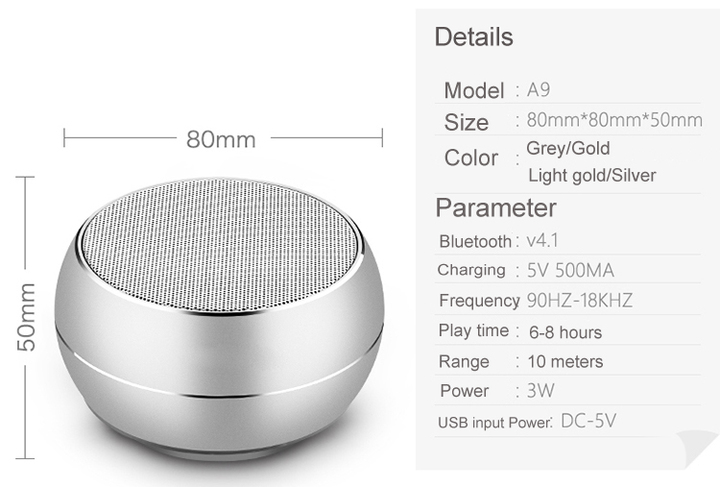 A9 Mini Portable Bluetooth Speaker Stereo Bass Sound Subwoofer Loudspeaker Wireless Outdoor Speakers