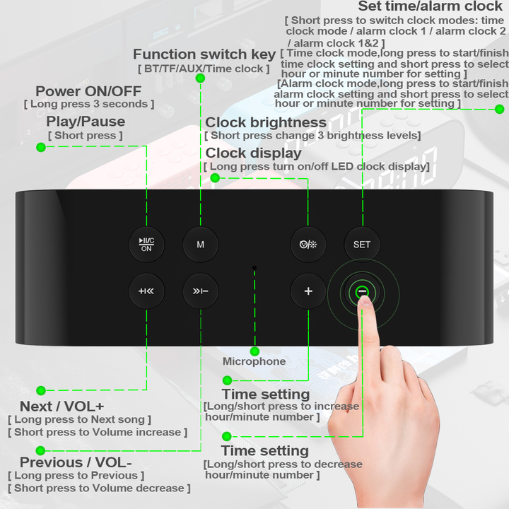 Bluetooth 5.0 Portable Wireless Bluetooth Speaker Column Subwoofer Music Sound Box LED Time Snooze Alarm Clock for Laptop Phone